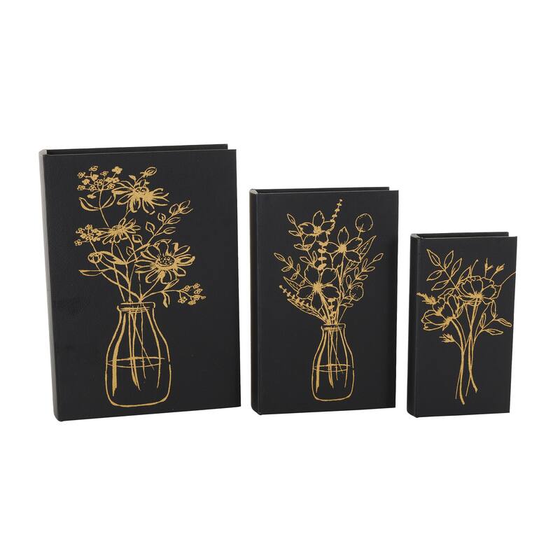 Black Faux Leather Faux Book Storage Floral Decorative Box with Gold Accents (Set of 3)