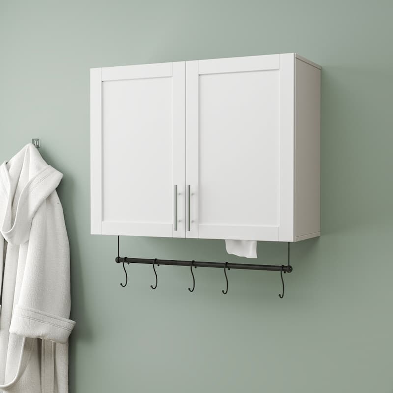 31.50" White Bathroom Wall Cabinet with Adjustable Shelf and 5 Hooks
