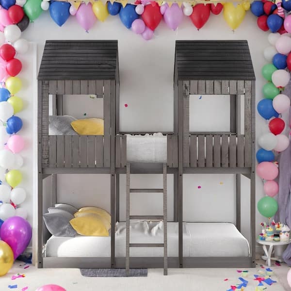 slide 2 of 16, Full Over Full Wood Bunk Bed With Roof,Window,Guardrail And Ladder,Sturdy Construction Antique Grey