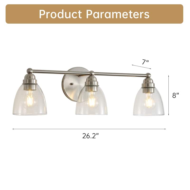 Modern 3-Light Brushed Nickel Bathroom Vanity Light with Clear Glass Shade, E26 Wall Sconces Over Mirror(Bulb Not Included)