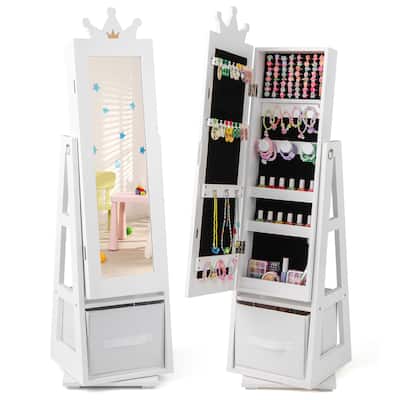 Gymax Kids Jewelry Cabinet with Full-Length Mirror Drawer 2 Adjustable