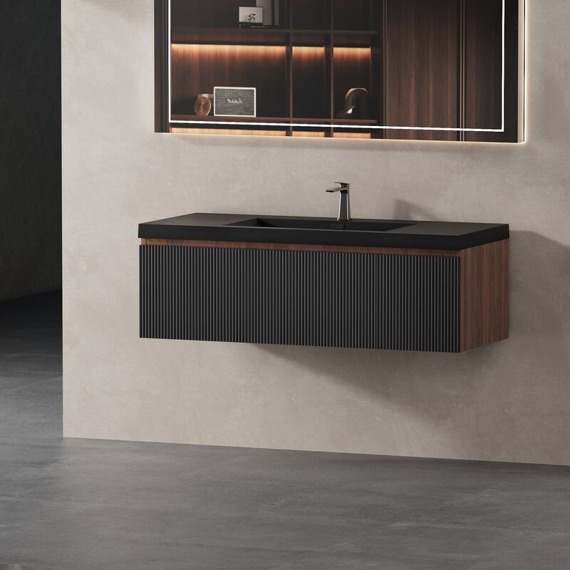 GDFStudio - Sebastian Floating Bathroom Vanity with Quartz Sand Basin and Fluted Storage Cabinet