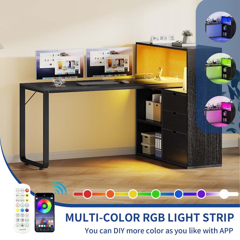 Moasis 55" LED L-Shaped Desk with Drawers and Cabinet, Corner Computer Desk with Power Outlets USB Ports