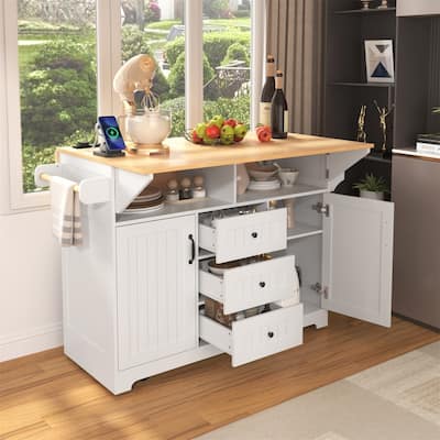 Kitchen Island with 2 Drop Leaf, Spice Rack & Towel Rack, Rolling Kitchen Cart on 5 Wheels with 3 Drawers and Power Outlet