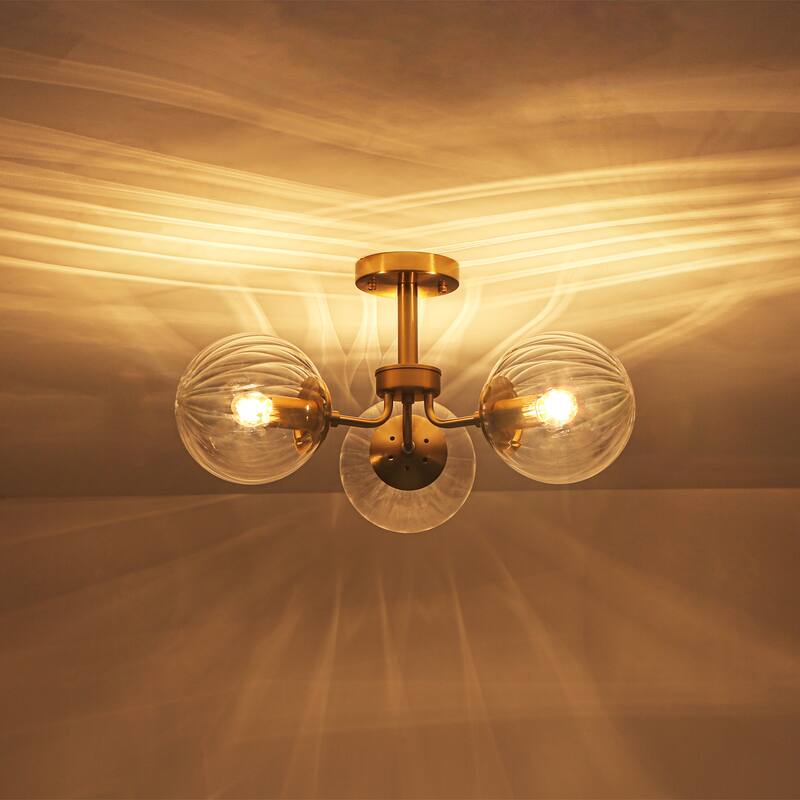 3-Light Mid-Century Modern Gold Sputnik Semi-Flush Mount Light with Clear Ribbed Glass Globe for Living Room, Entryway