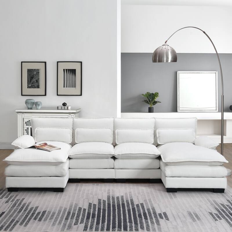 109.8" U-Shaped Sofa with Double Chaise, 6-Seater with Pillows for Living Room - White