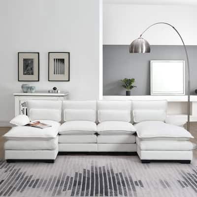 110x55x33" Modern U-shaped 6-seat Sleeper Sofa with Double Chaise, Double Cushions and 4 Waist Pillows, Chenille, White