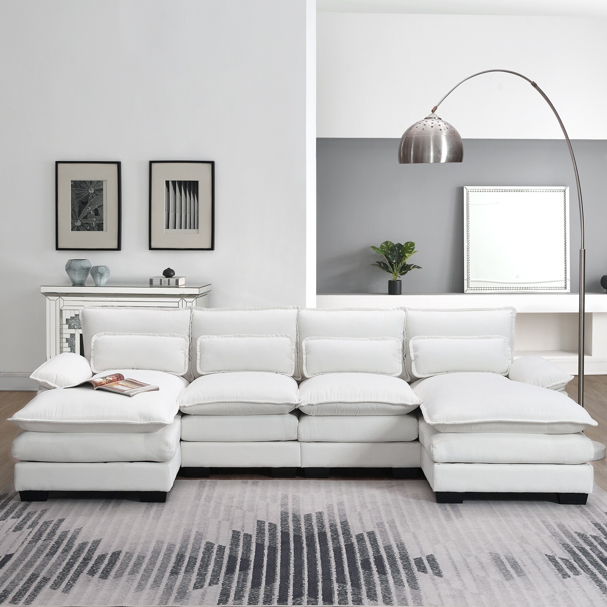 White Modern U-Shaped Modular Sectional Sofa with Double Chaise