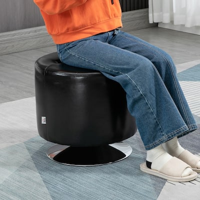 Modern Black PU Swivel Footstool with Button Tufted Seat and Stable Metal Base for Living Room
