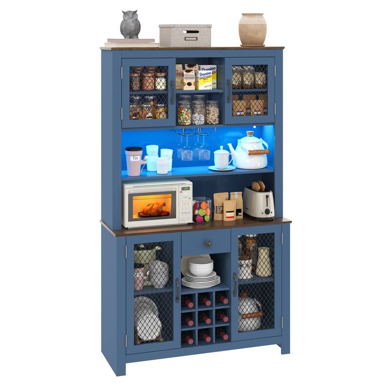 Kitchen Pantry Cabinet with LED Light, Built-in Power & USB Outlets, Kitchen Hutch Cabinet with Doors, Wine Rack & Shelves
