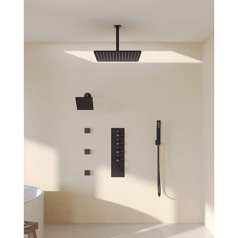 GRANDJOY Thermostatic Shower Faucet Set 16" Ceiling and 6" Wall Mounted Dual Shower Heads Handheld Shower Spray Body Jets - Matte Black