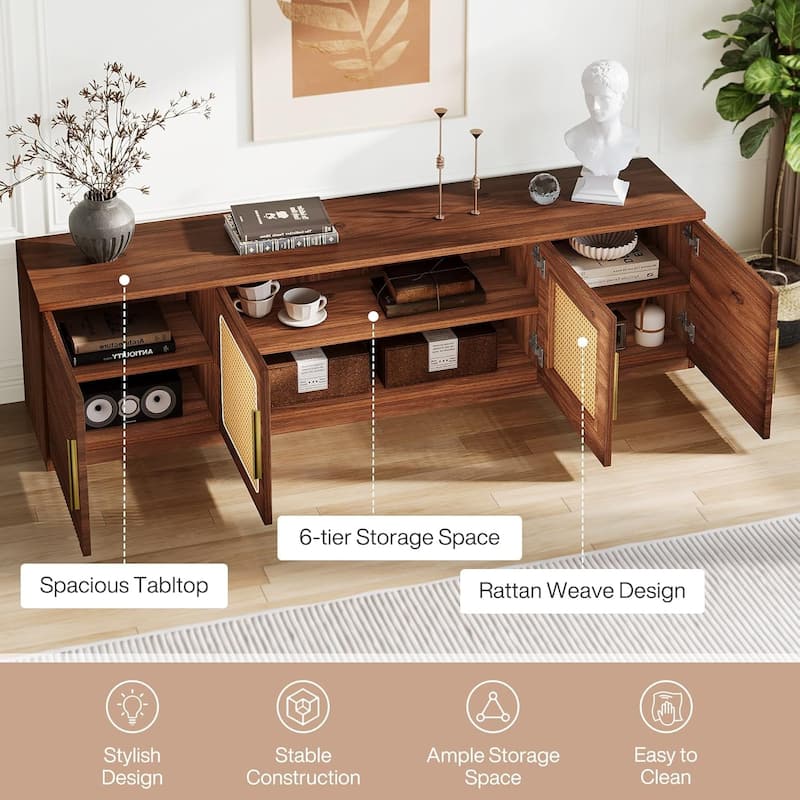 70.9" TV Console, Rattan Entertainment Center with 6 Storage Shelf and Cabinet - 70.87" W x 13.78" D x 17.72" H