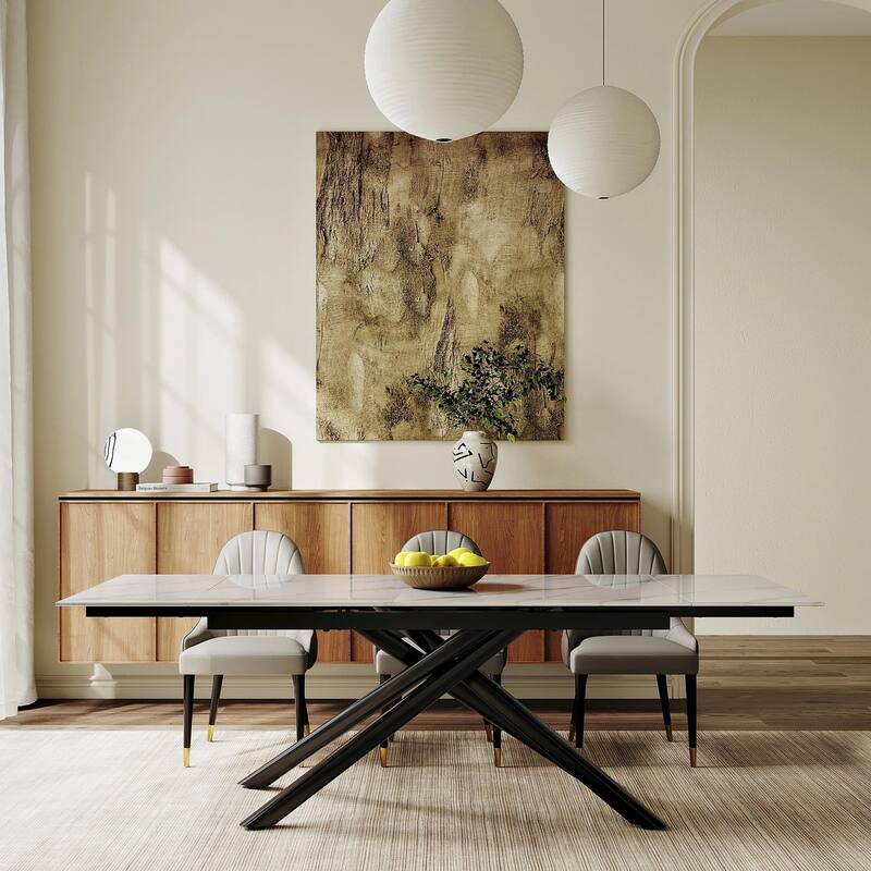 9 - Piece Extendable Rectangular Sintered Stone Cross Legs Dining Set With 8 Chairs - Chanel white top