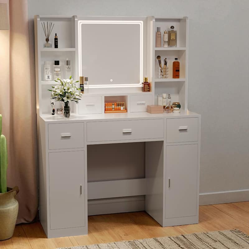 43" Vanity Desk with LED Mirror & Lights, Hair Dryer Rack, 5 Drawers, 2 Cabinets & Stool, Makeup Dressing Table for Bedroom