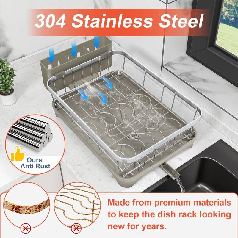 Stainless Steel Dish Drying Rack with Drain Tray & Cup Holder