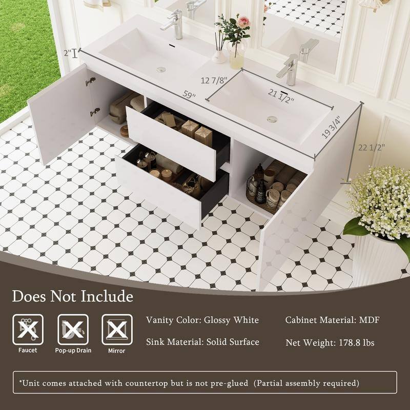 ABRUZZO 60" Floating Bathroom Double Vanity with Integrated Resin Top 2 Basins 2 Cabinets 2 Soft Close Drawers Full Assembly