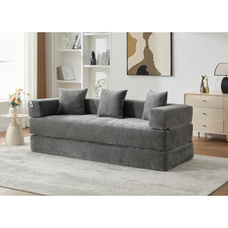 HOMEFUN Chenille Upholstered Convertible Foldable Memory Foam Sleeper Sofa with Pillows for Living Room - Grey