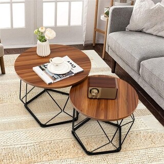 Set of 2 Modern Round Coffee Table with Pentagonal Steel Base - Bed ...