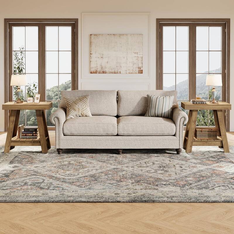 2-Tier Wooden End Table, Farmhouse Small Sofa Side Table with Storage