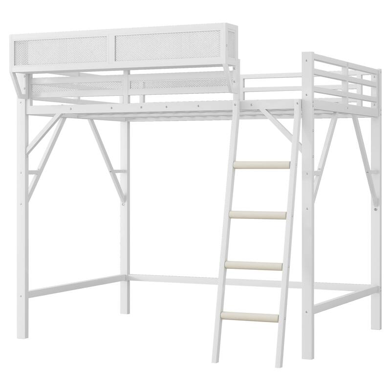 Full Size Metal Loft Bed with Ladder and Storage Shelves, High Loft Bed for Kids and Teens, White