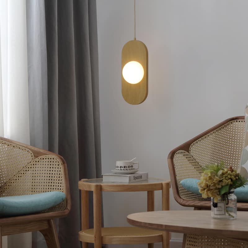 VidaLite Orbita 2-Light Natural Wood Pendant Light with Frosted Glass Shade and Integrated LED - 14" x 6"