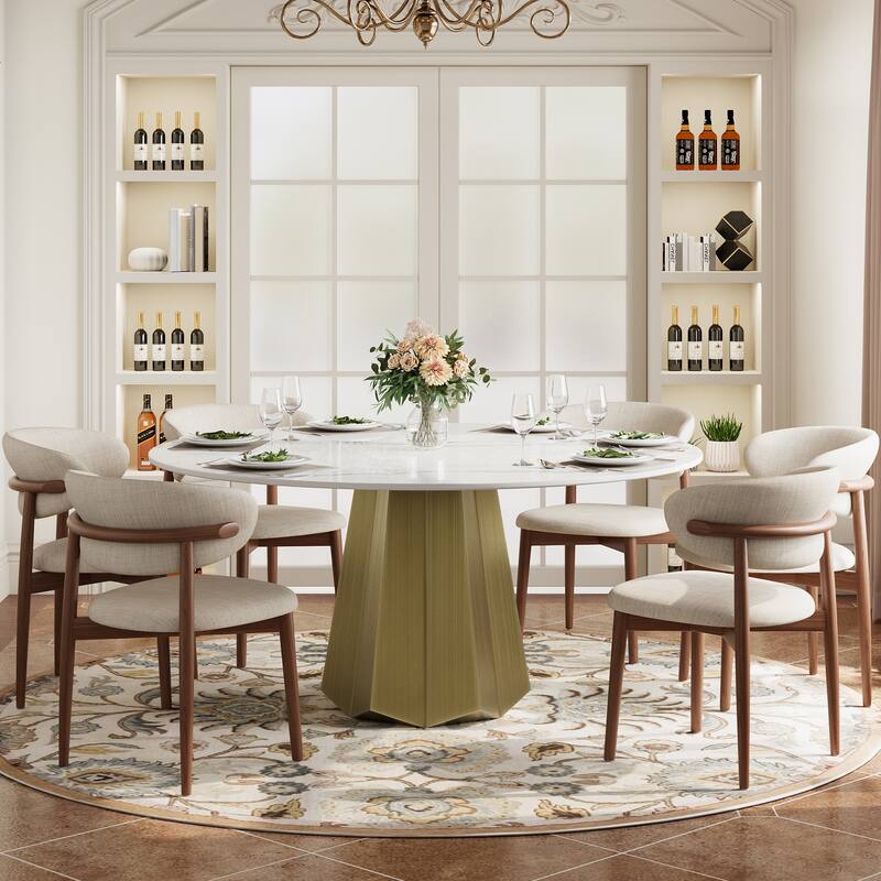 Modern 59" Round Dining Table with Lazy Susan for 6-8, White Glossy Sintered Stone Table top, Gold Stainless Steel Base - Without Lazy Susan