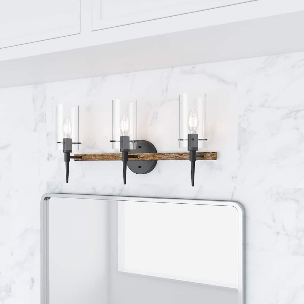 Farmhouse Black 3-Light Candle Vanity Light with Cylinder Glass Shades