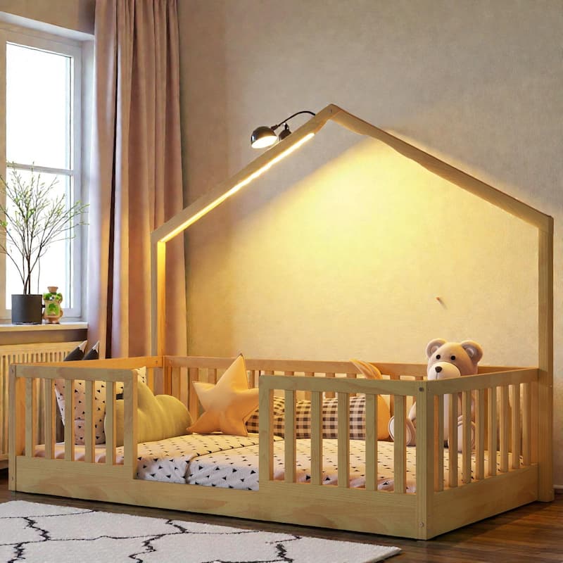 Wood Floor Bed with High Guardrails and LED Light, Montessori Style Low Profile Bed for Kids