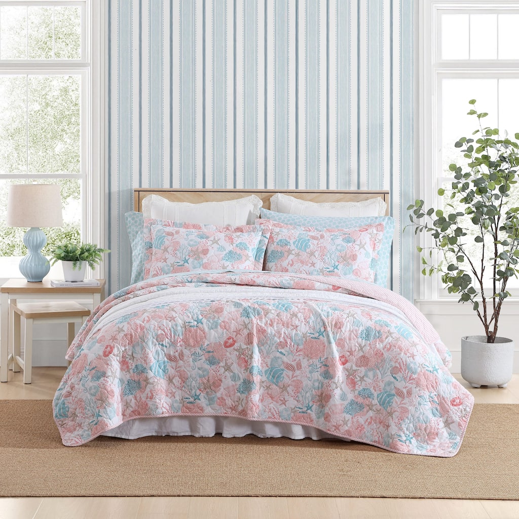 Laura Ashley Swimtime Cotton Reversible Pink Quilt Set