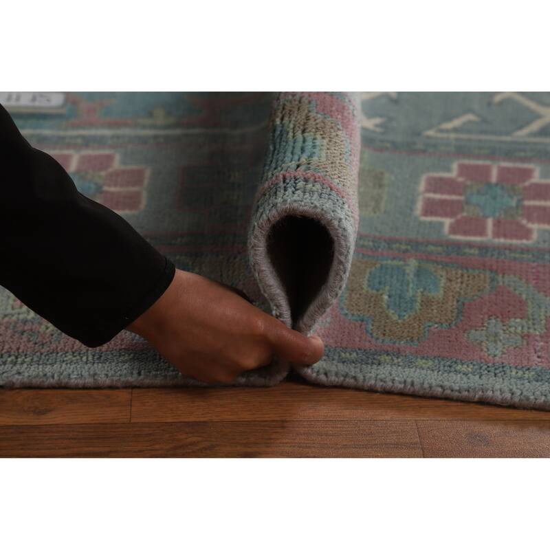 Blues Pink Geometric Oushak Indian Area Rug Handmade Wool Carpet - 8'0" x 10'0"