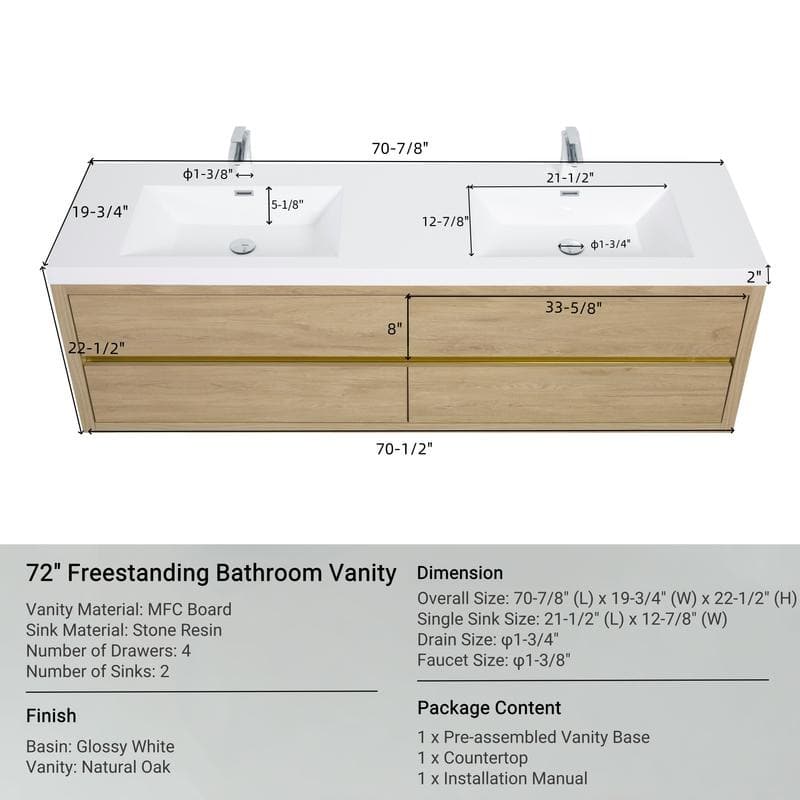 ABRUZZO 72" Floating Bathroom Vanity Double Sink with Stone Resin Top Four Soft Close Drawers