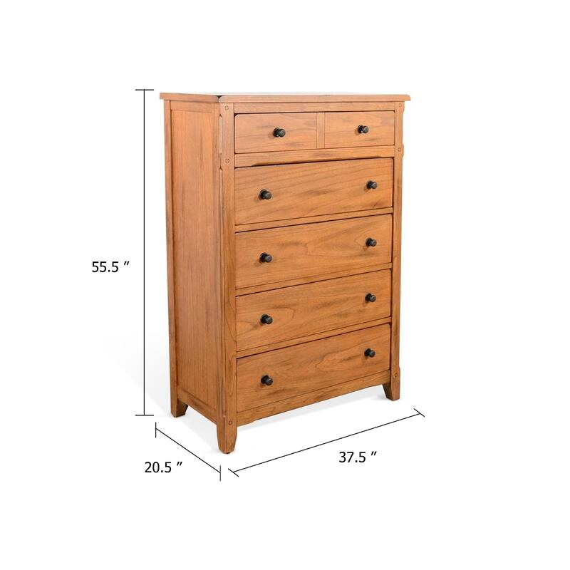 Senny Tall Dresser Chest with 5 Drawers, Brown Solid Mindi Wood