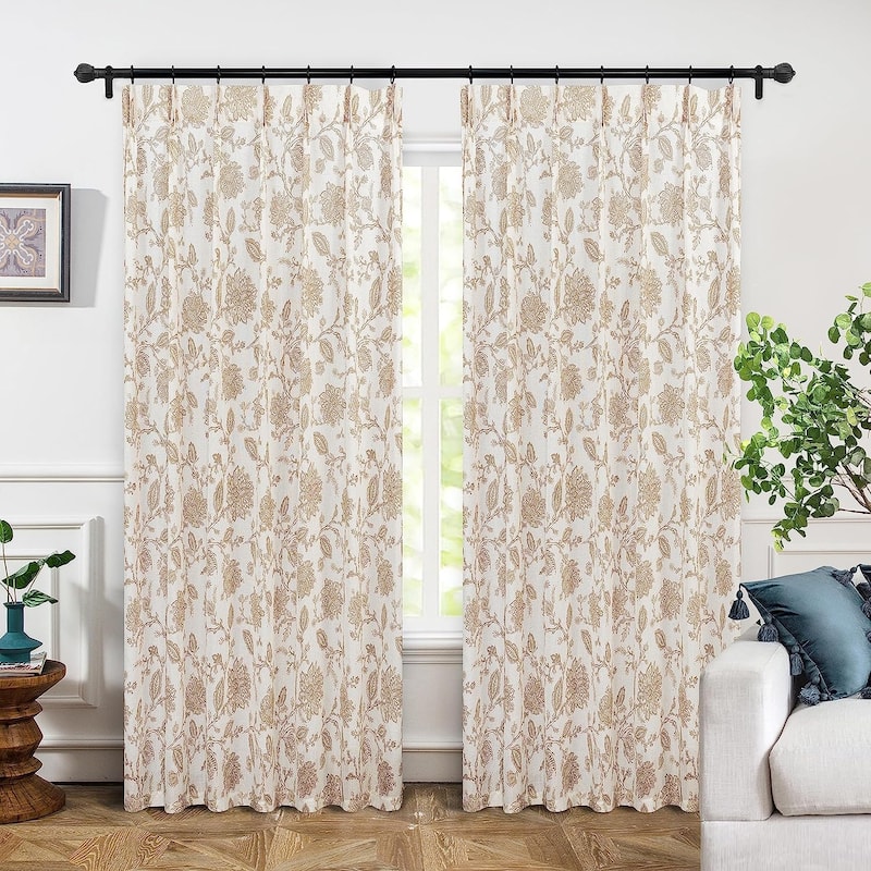 DriftAway Freda Jacobean Floral Linen Blend Lined Blackout Back Tabs Window Curtains