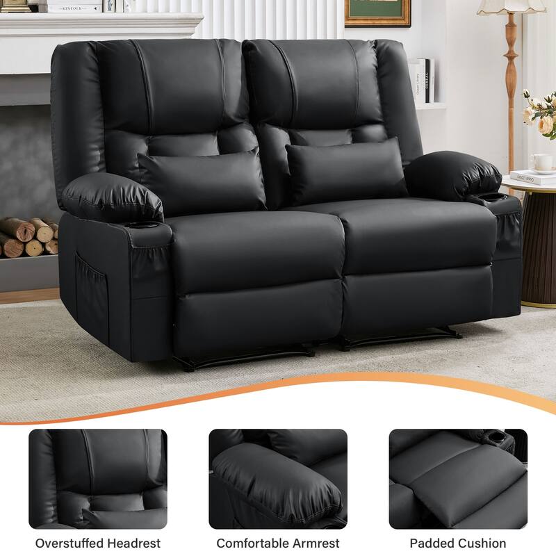 Manual Recliner Loveseat with Massage & Heating, Cup Holders & Side Pocket for Living Room
