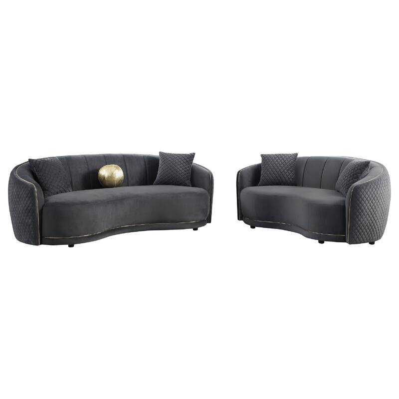Buo 2pc Living Room Set, Sofa and Loveseat, Gold Trim, Dark Gray Velvet