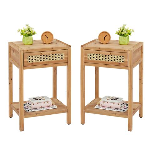 Kinbor 2-Piece Rattan Nightstands, Natural Wood Night Tables w/ Drawer, Storage Shelf, Sofa End Table for Living Room Bedroom