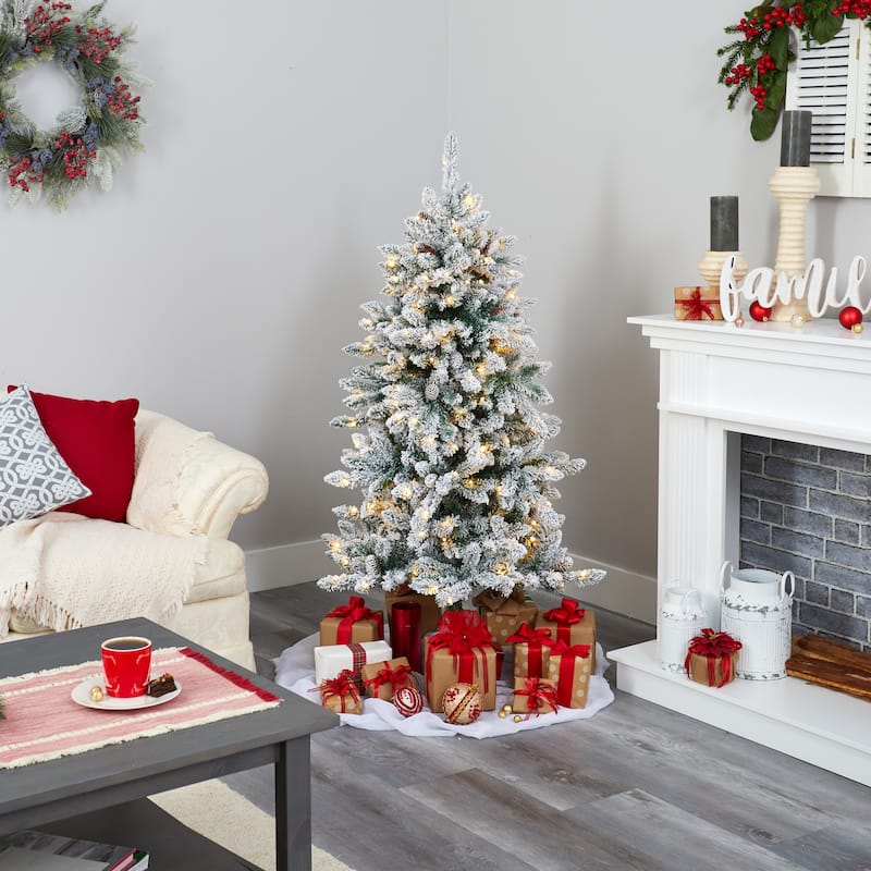 5’ Flocked Livingston Fir Artificial Christmas Tree, Warm Clear LED - 5 Foot