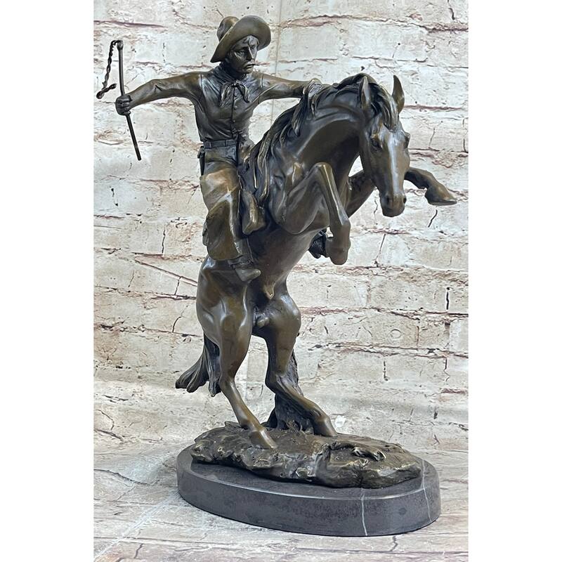 Bronco Buster Frederic Remington Western Bronze Statue Sculpture Marble Base 17 Inches X 15 Inches