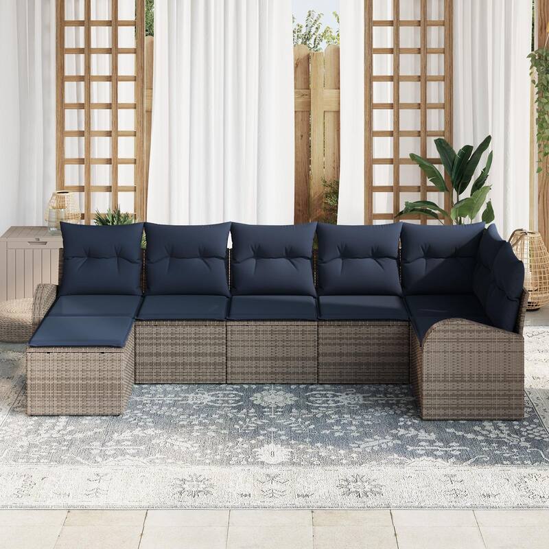 vidaXL 7/8 Garden Sofa Set with Cushions Black/Brown/Grey Poly Rattan - 113.8 x 48.8 x 27.2