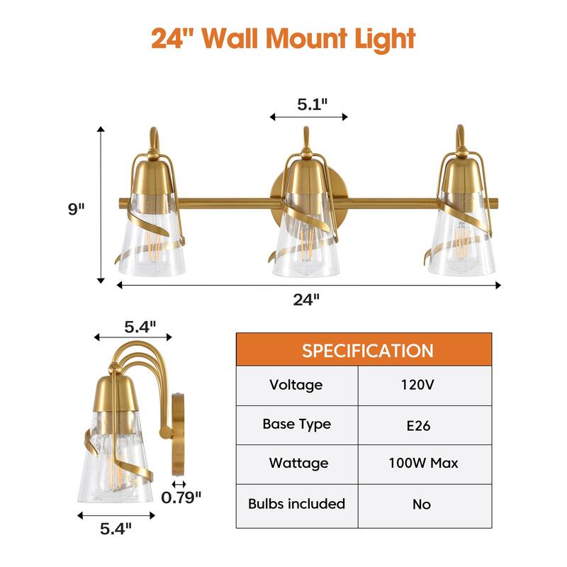 Parrot Uncle 24" Modern Gold 3-Light Seeded Glass Vanity Light Wall Sconce