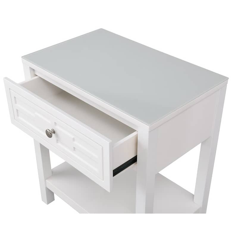 Dylan Wooden End Side Table Nightstand with Glass Top and Drawer