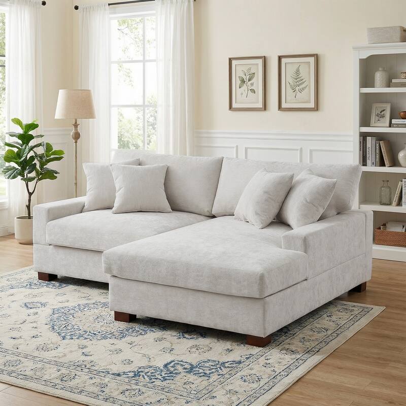 2 Set Chenille Upholstered Modular Sectional Sofa Chaise with Pillows - Off-White-Sofa L+Chaise R - Right Facing