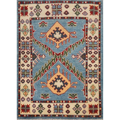 Blue Kazak Oriental Foyer Rug Handmade Geometric Wool Carpet - 2'0" x 3'0"