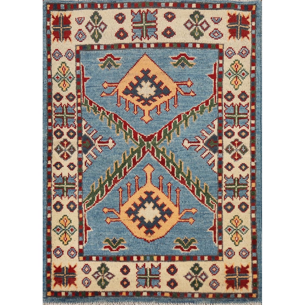 Blue Kazak Oriental Foyer Rug Handmade Geometric Wool Carpet - 2'0" x 3'0"