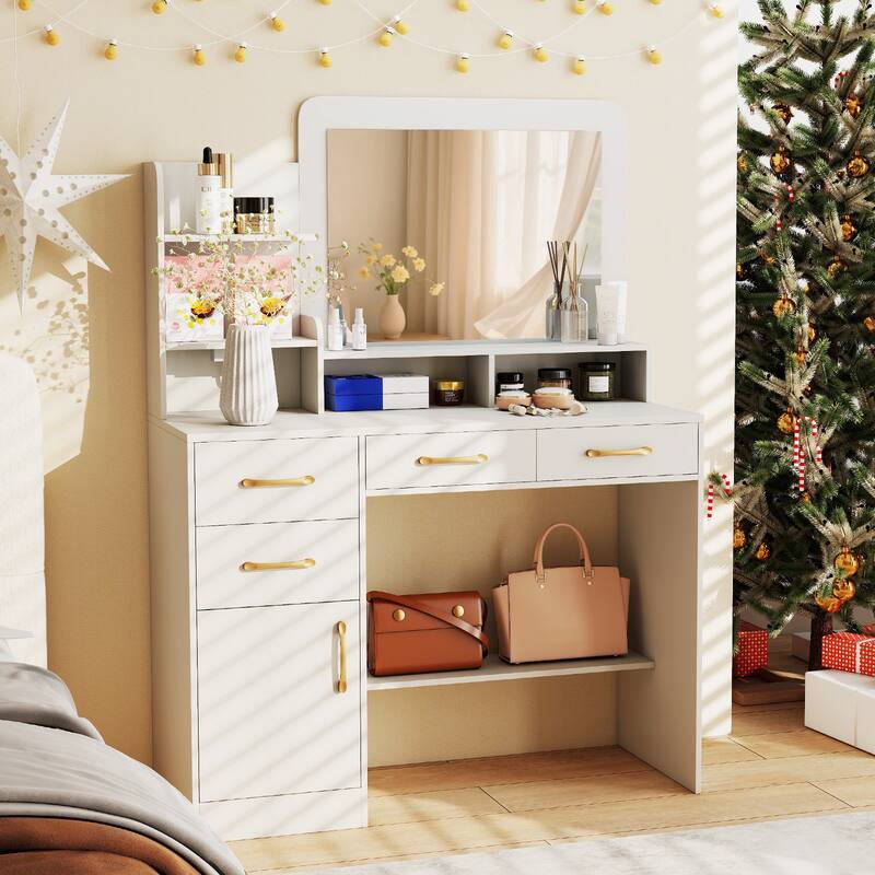 Gymax 39.5'' Modern Makeup Table Vanity Desk w/ Power Outlets & Open