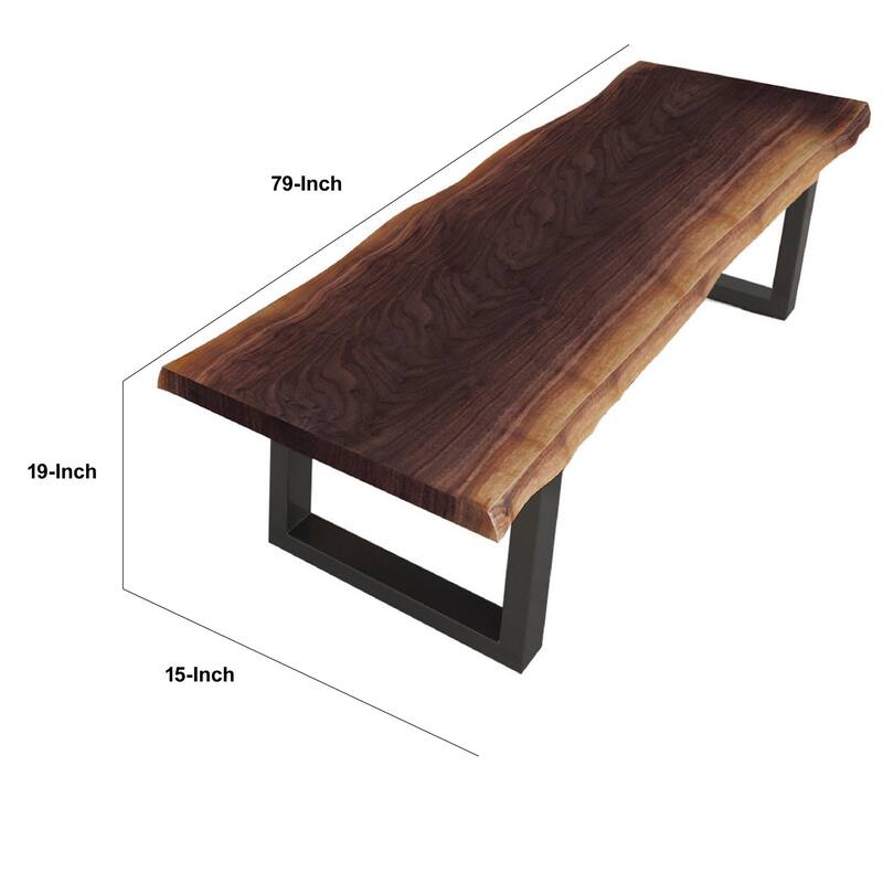 Cid Xue 79 Inch Dining Bench, Brown Live Edge Rectangular Top, Black Metal