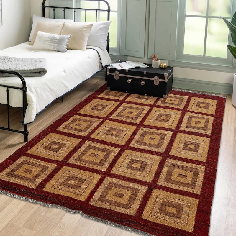 ECARPETGALLERY Flat-Weave Natural Burgundy Wool Tapestry Kilim - 5'0 x 5'11