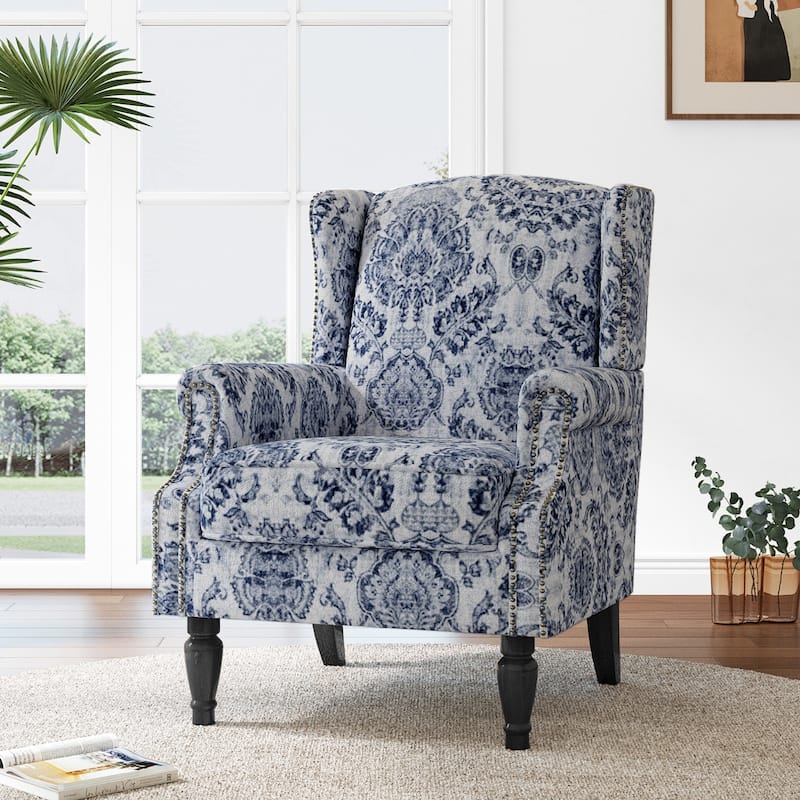Mid-Century Modern Linen/ Vegan Leather Wing Back Accent Chair - Navy-Linen