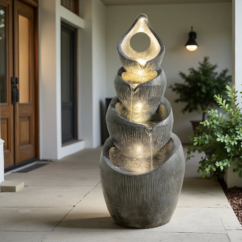 Glitzhome 34"H 4-Tiered Pre-lit Modern Alms Bowl Polyresin Indoor Outdoor Floor Fountain