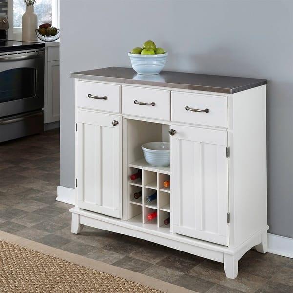 Stainless Steel Top Kitchen Island Sideboard Wine Rack in White